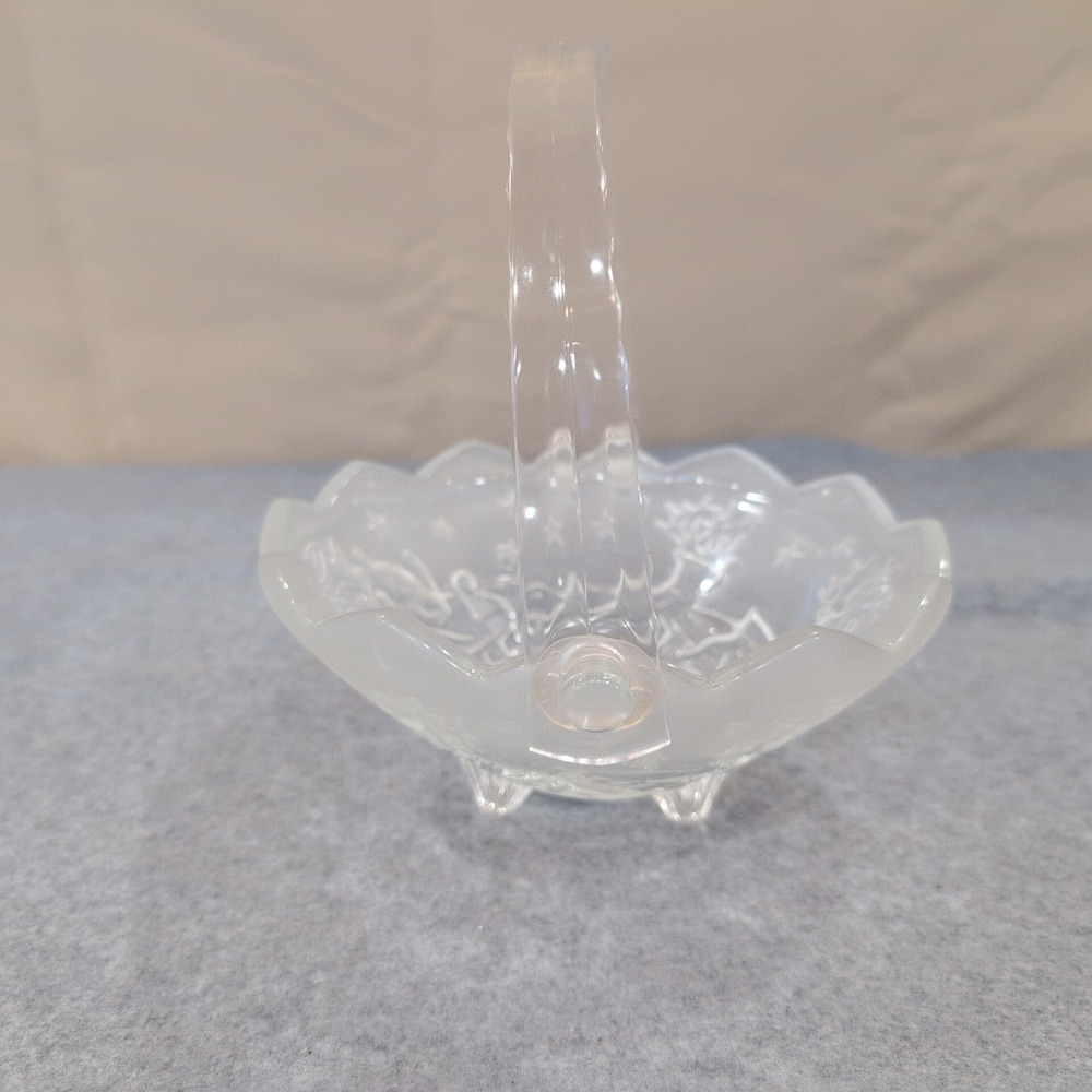Mikasa Silent Night Handled Basket Clear Frosted Glass Christmas Santa Reindeer - Picture 4 of 6